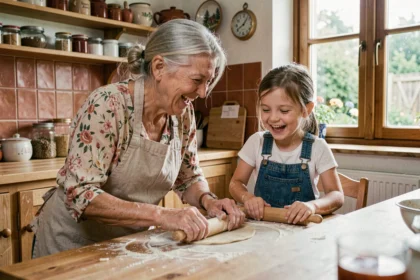 Grand-mère et petite-fille préparant de la pâtisserie ensemble dans une cuisine familiale chaleureuse