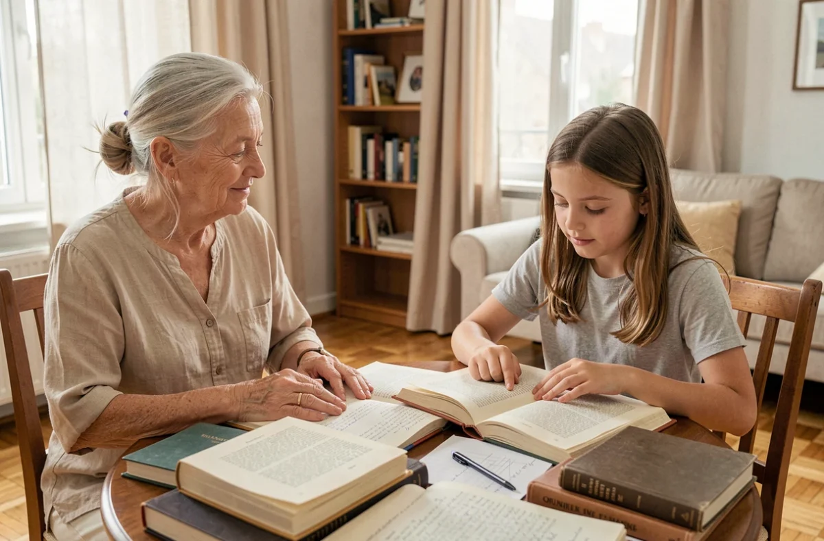 Grand-mère écoutant sa petite-fille réviser ses leçons d'histoire dans un salon lumineux