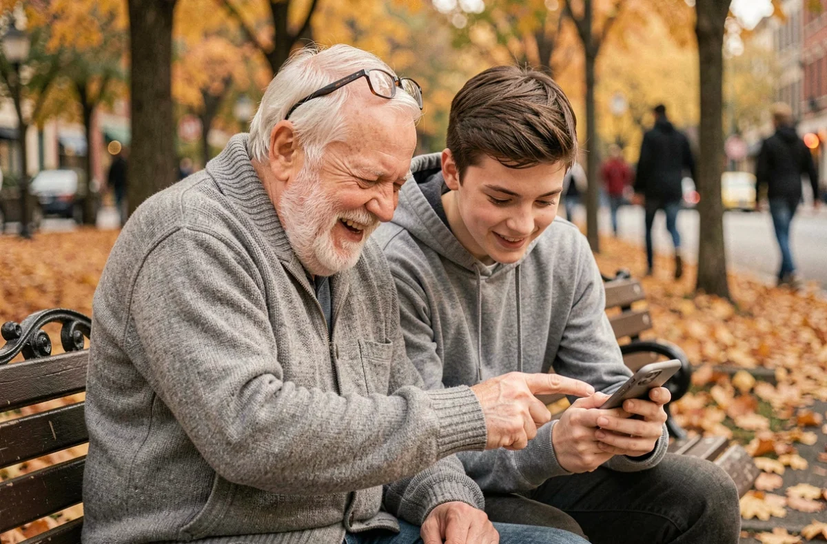 Grand-père et petit-fils partageant un moment technologique sur un banc de parc en automne