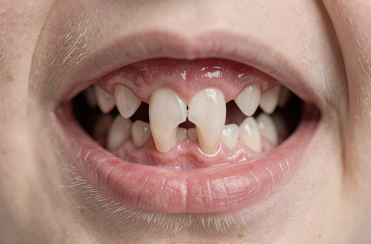 Gros plan sur une dent de lait qui bouge avec un écart visible au niveau de la gencive chez un enfant