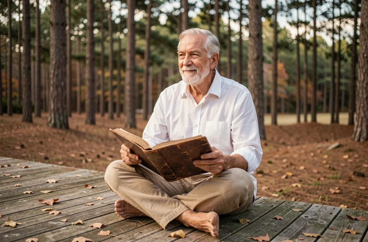 Homme âgé lisant la Bible sur une terrasse en bois entourée de nature, illustrant la foi et la quête de sens spirituel