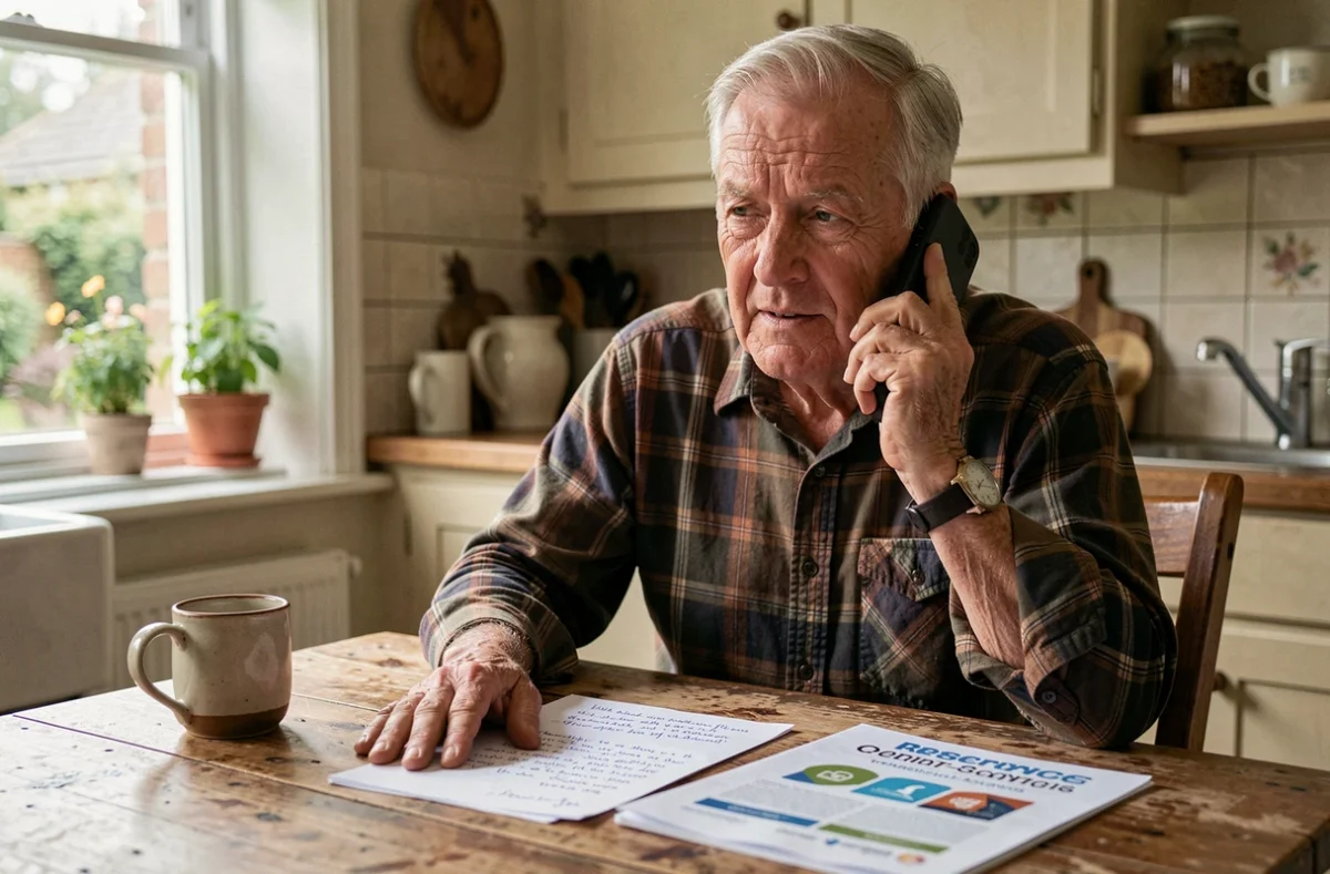 Homme âgé au téléphone consultant des ressources pour trouver une aide à domicile