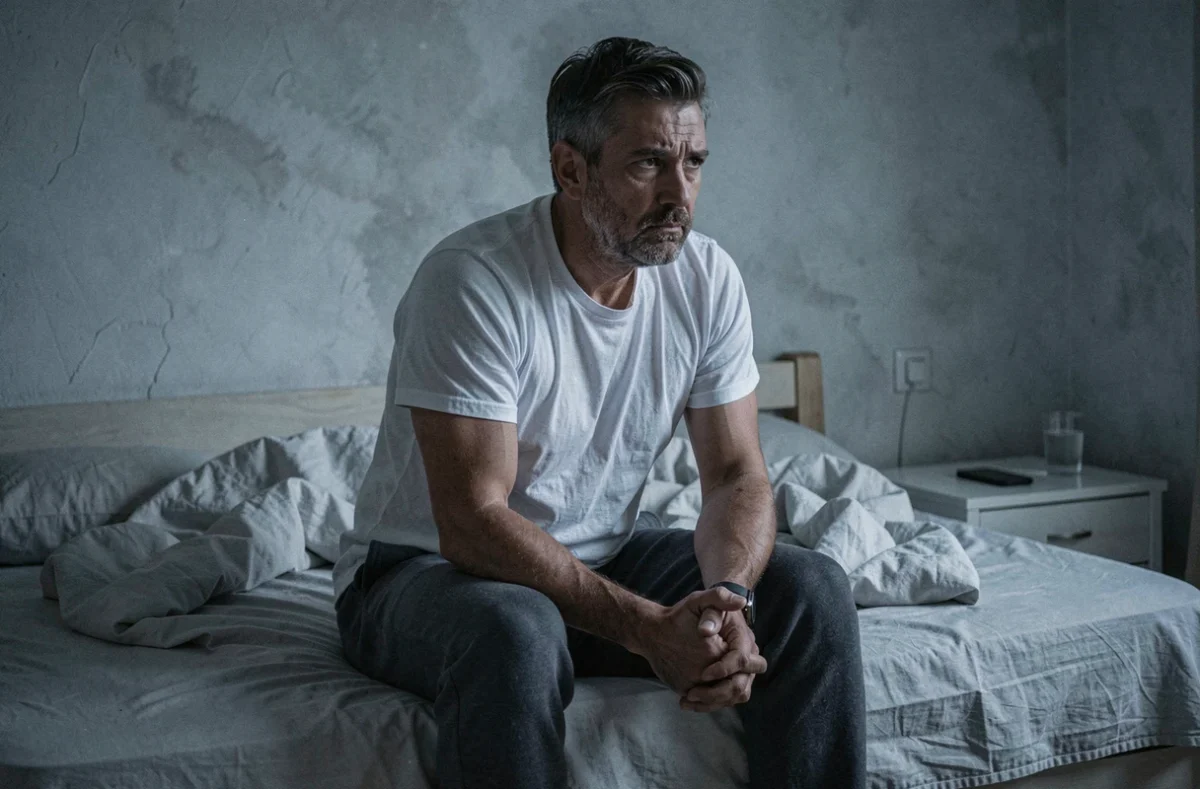 Homme épuisé assis sur le bord d'un lit la nuit, illustrant l'isolement et le stress familial silencieux