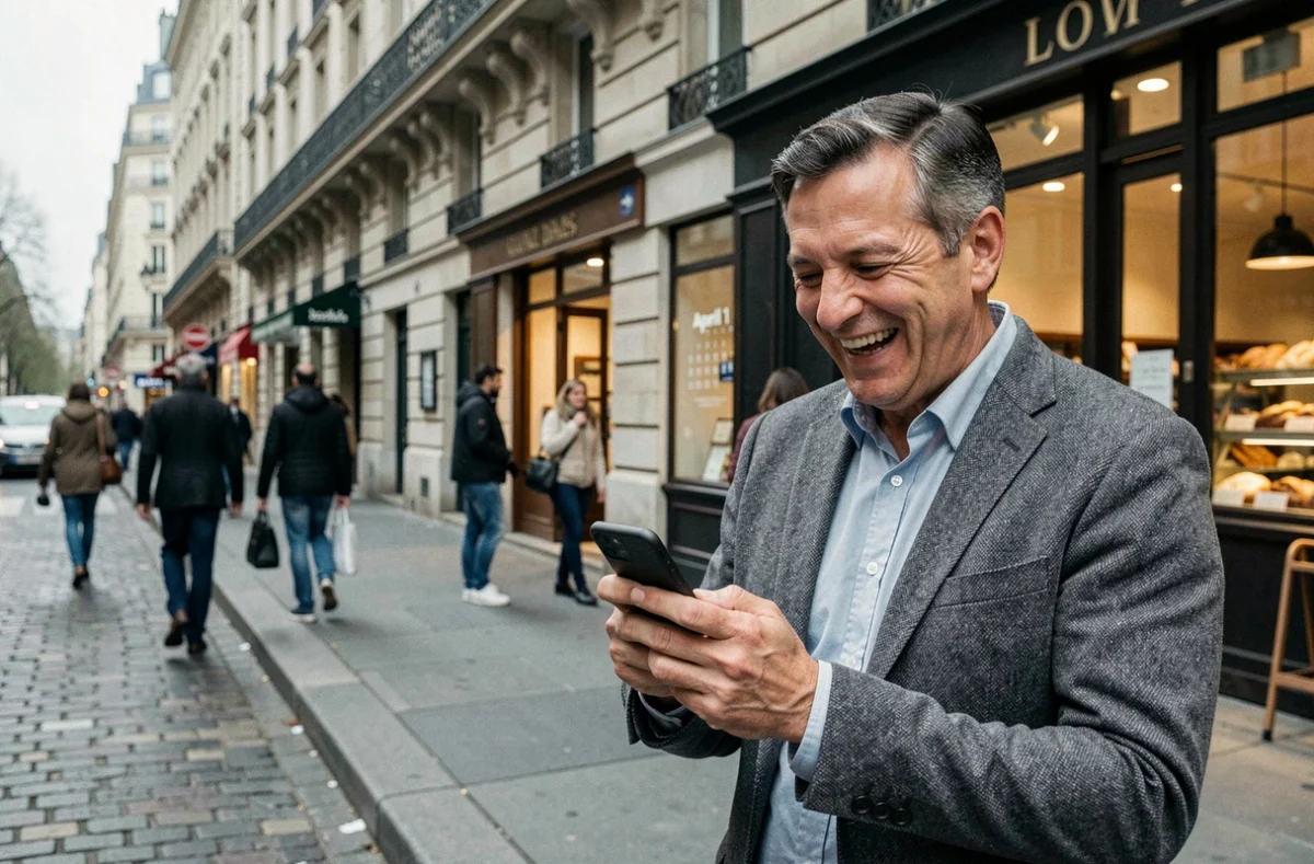 Homme riant en regardant son téléphone affichant le 1er avril 2026 dans une rue parisienne animée