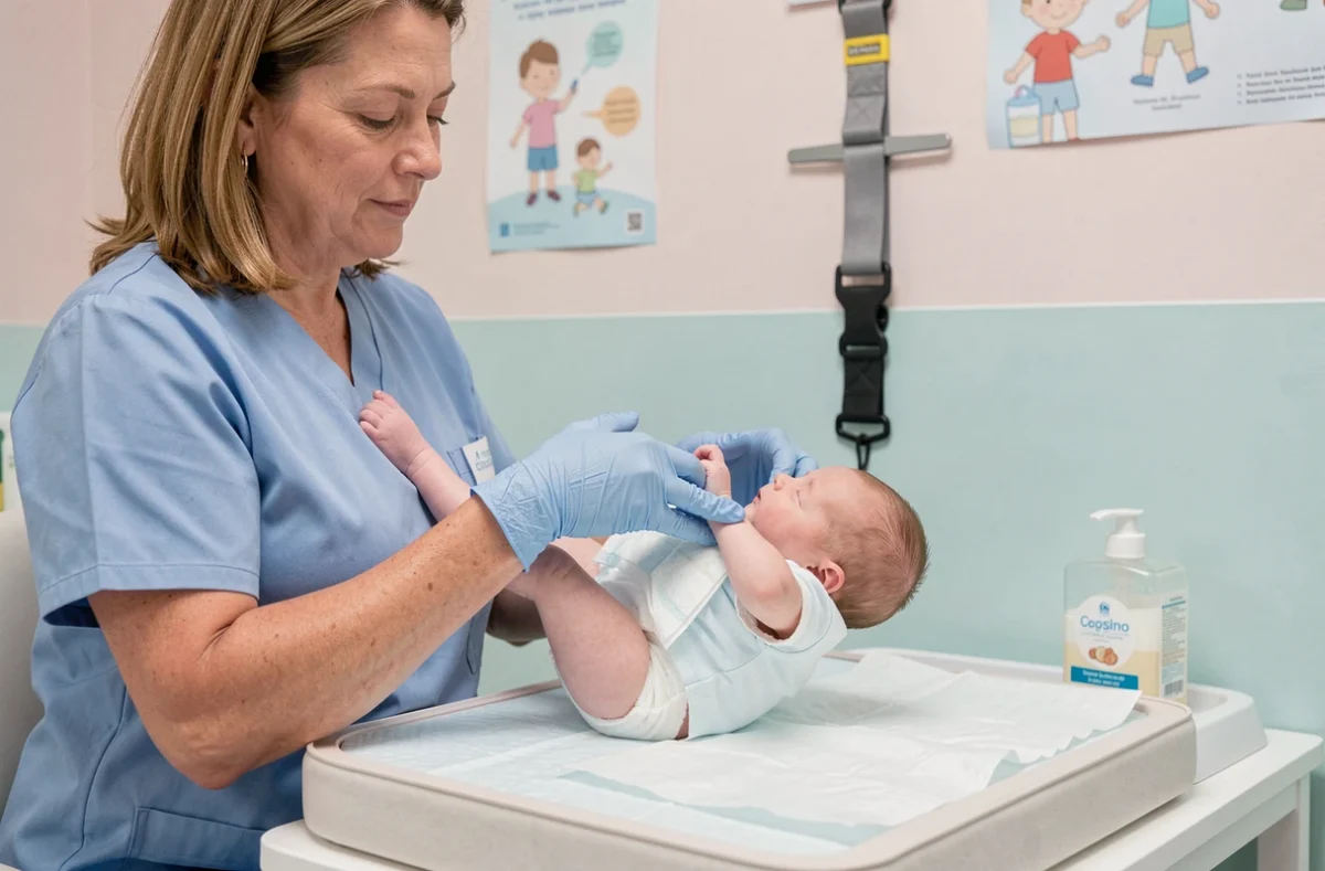 Infirmière pédiatrique montrant les bons gestes pour changer un nourrisson en toute sécurité dans une salle de consultation