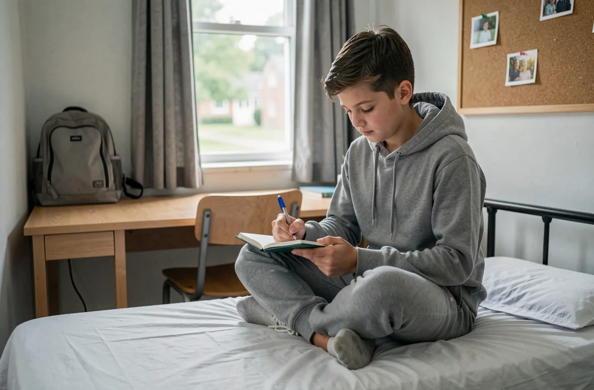 Jeune adolescent assis sur son lit en dortoir d'internat écrivant dans un journal intime avec un tableau de photos personnelles au mur