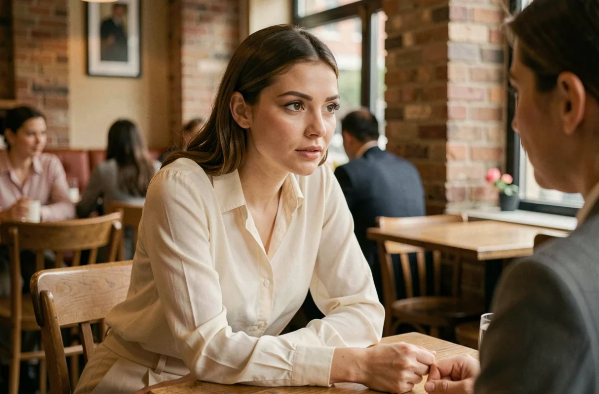 Jeune femme bien éduquée écoutant attentivement une conversation dans un café, incarnant le respect et l'écoute active