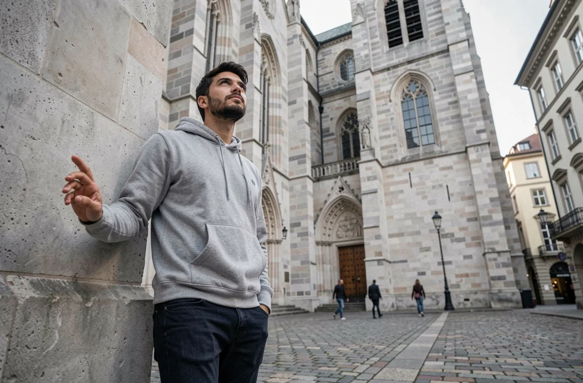 Jeune homme contemplant une cathédrale urbaine, regard tourné vers le haut, symbolisant la quête de sens et la croyance en Dieu