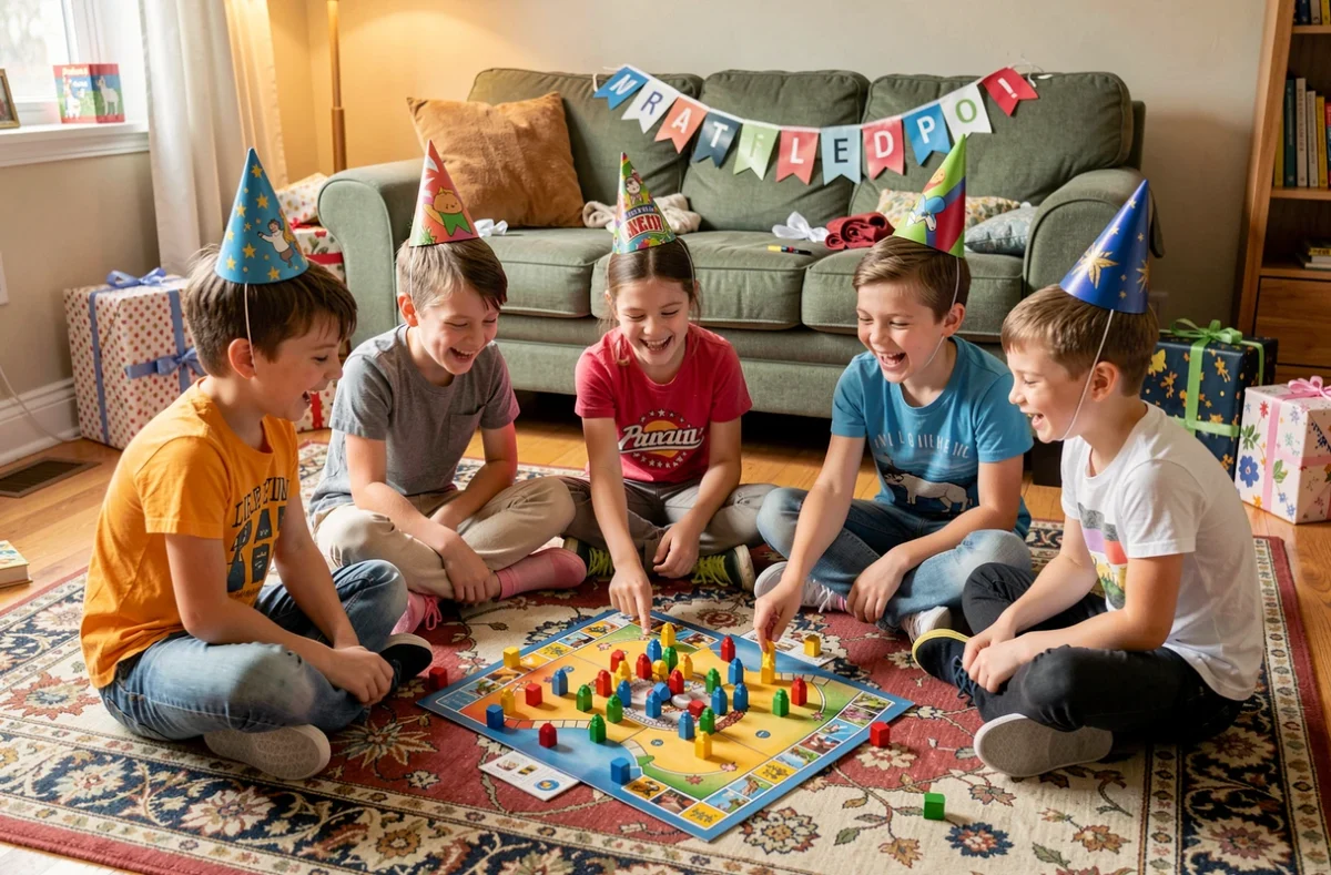 Groupe d'enfants jouant à un jeu de société sur le sol du salon lors d'une fête d'anniversaire à domicile