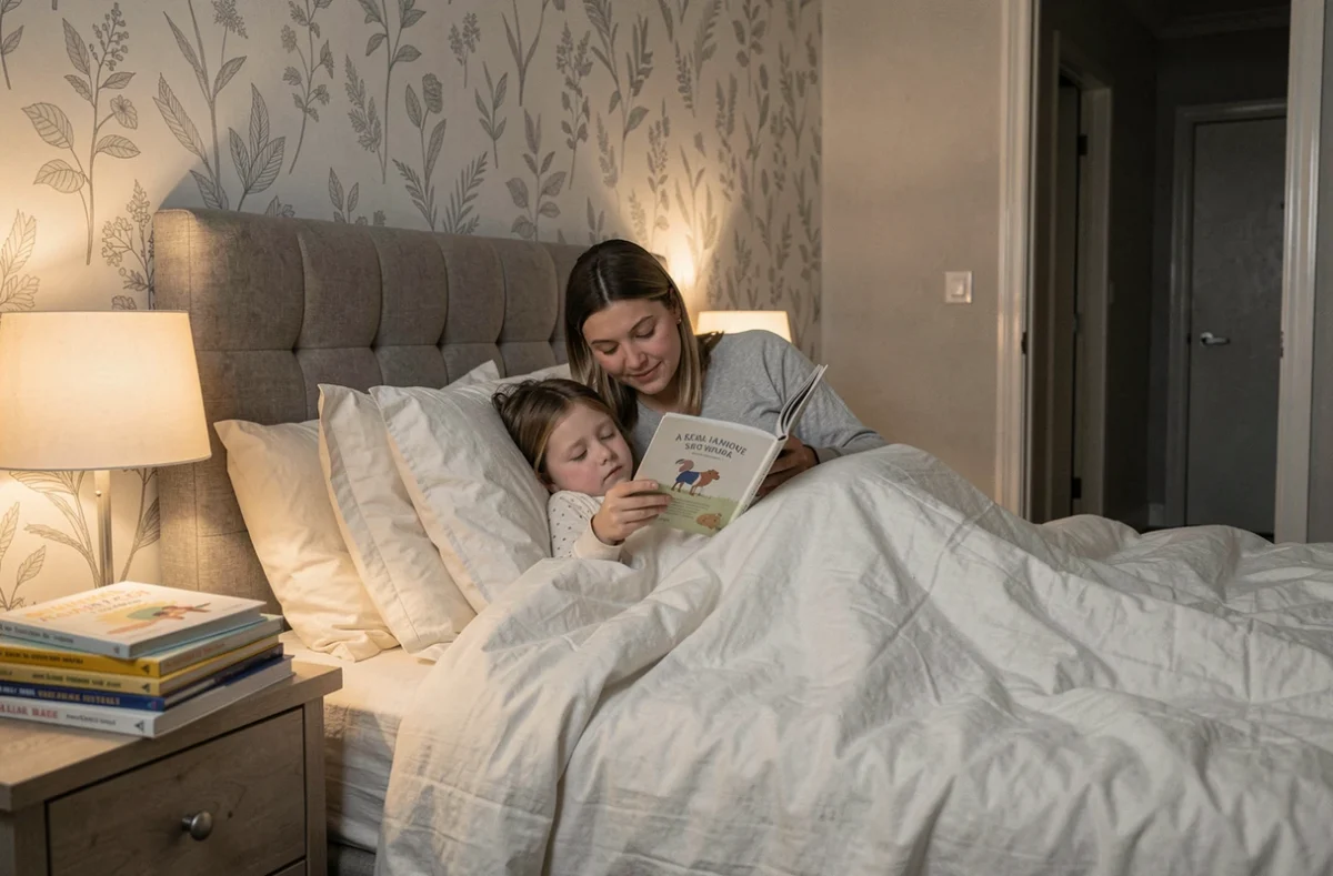 Mère lisant une histoire à sa fille de 4 ans lovée sous une couette, scène de rituel du coucher dans une chambre familiale chaleureuse