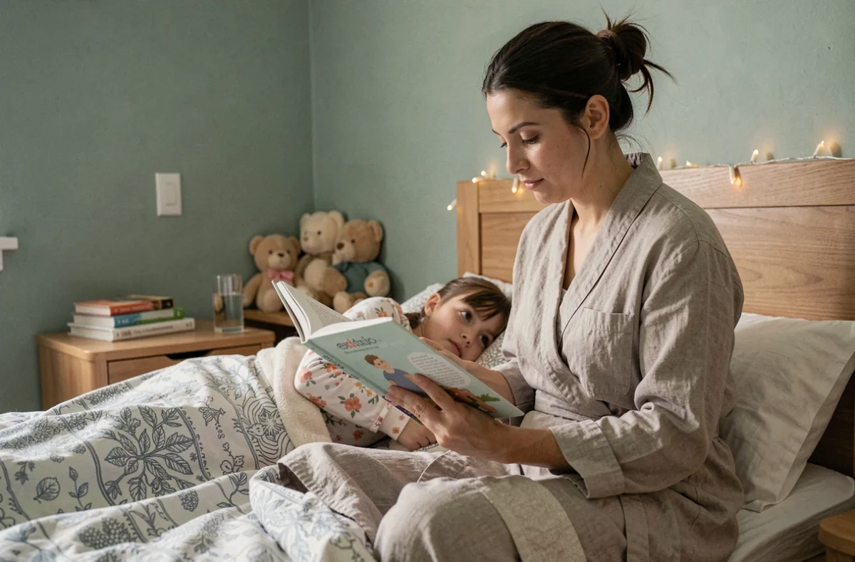 Mère lisant une histoire du soir à sa fille dans une chambre d'enfant apaisante