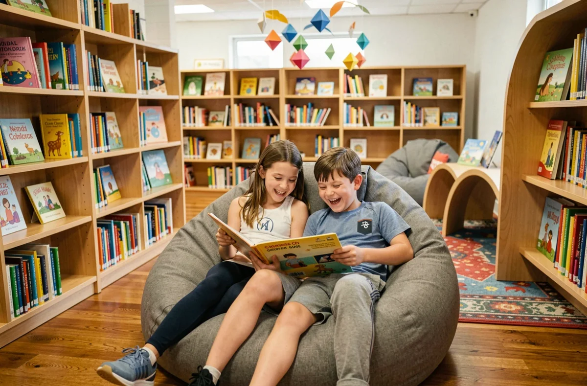 Deux enfants riant en lisant un livre ensemble dans une bibliothèque jeunesse colorée, illustrant les loisirs de lecture et de partage entre enfants