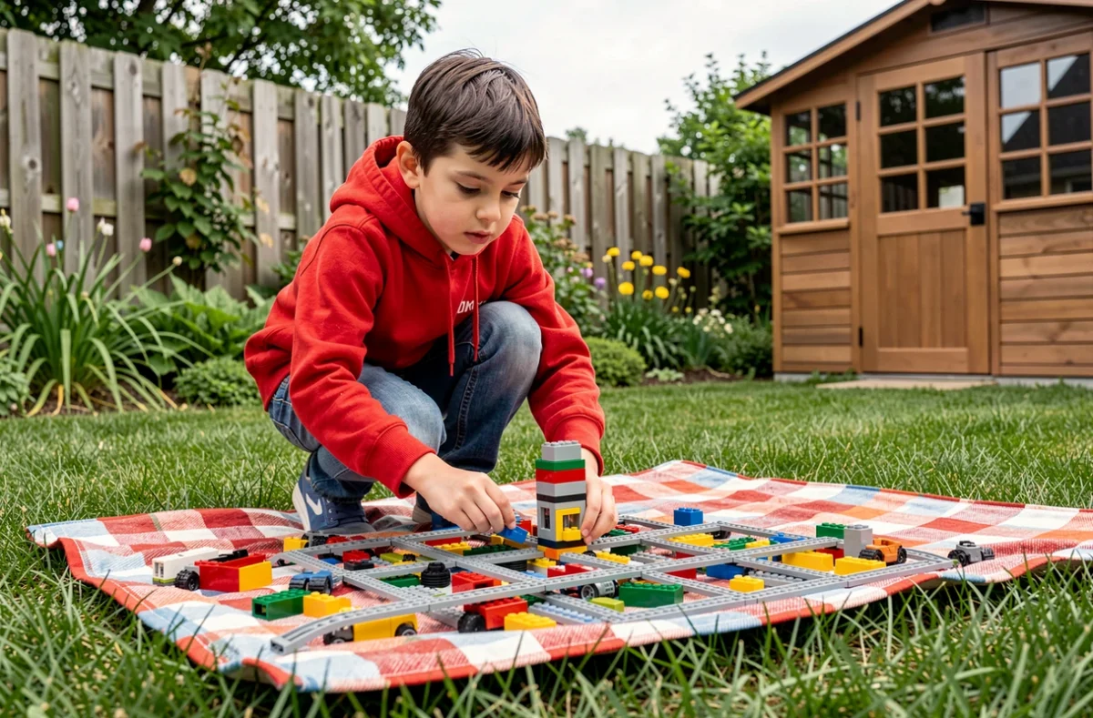 Garçon construisant un grand modèle LEGO dans un jardin extérieur, représentant les loisirs de construction et de créativité chez les enfants
