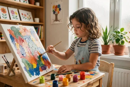 Jeune fille concentrée peignant sur une toile dans une salle de jeux colorée, illustrant les loisirs créatifs des enfants