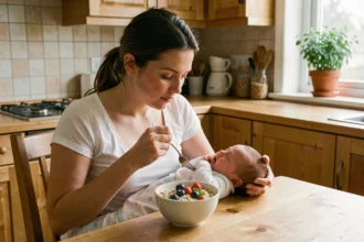 Maman allaitant son bébé tout en mangeant un repas sain à la table de cuisine