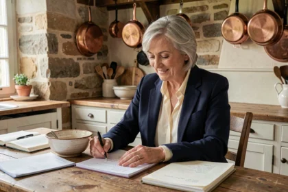 Femme élégante aux cheveux argentés dans une cuisine française rustique, évoquant l'univers culinaire de Mercotte