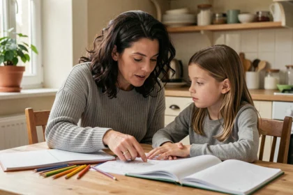 Mère aidant sa fille à faire ses devoirs de mathématiques à la table de la cuisine
