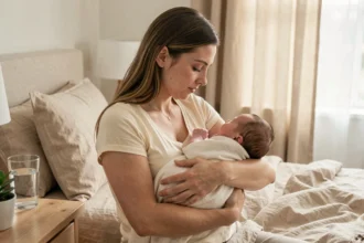 Jeune mère allaitant son nouveau-né dans une chambre cosy aux tons beiges, ambiance sereine et intime