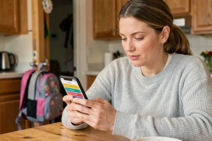 Mère utilisant une application mobile pour gérer les activités extrascolaires de son enfant depuis la cuisine familiale
