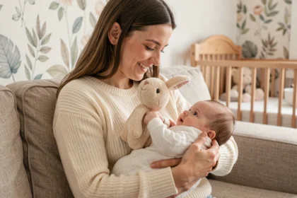 Mère tenant un doudou lapin devant son bébé dans une chambre d'enfant décorée avec goût