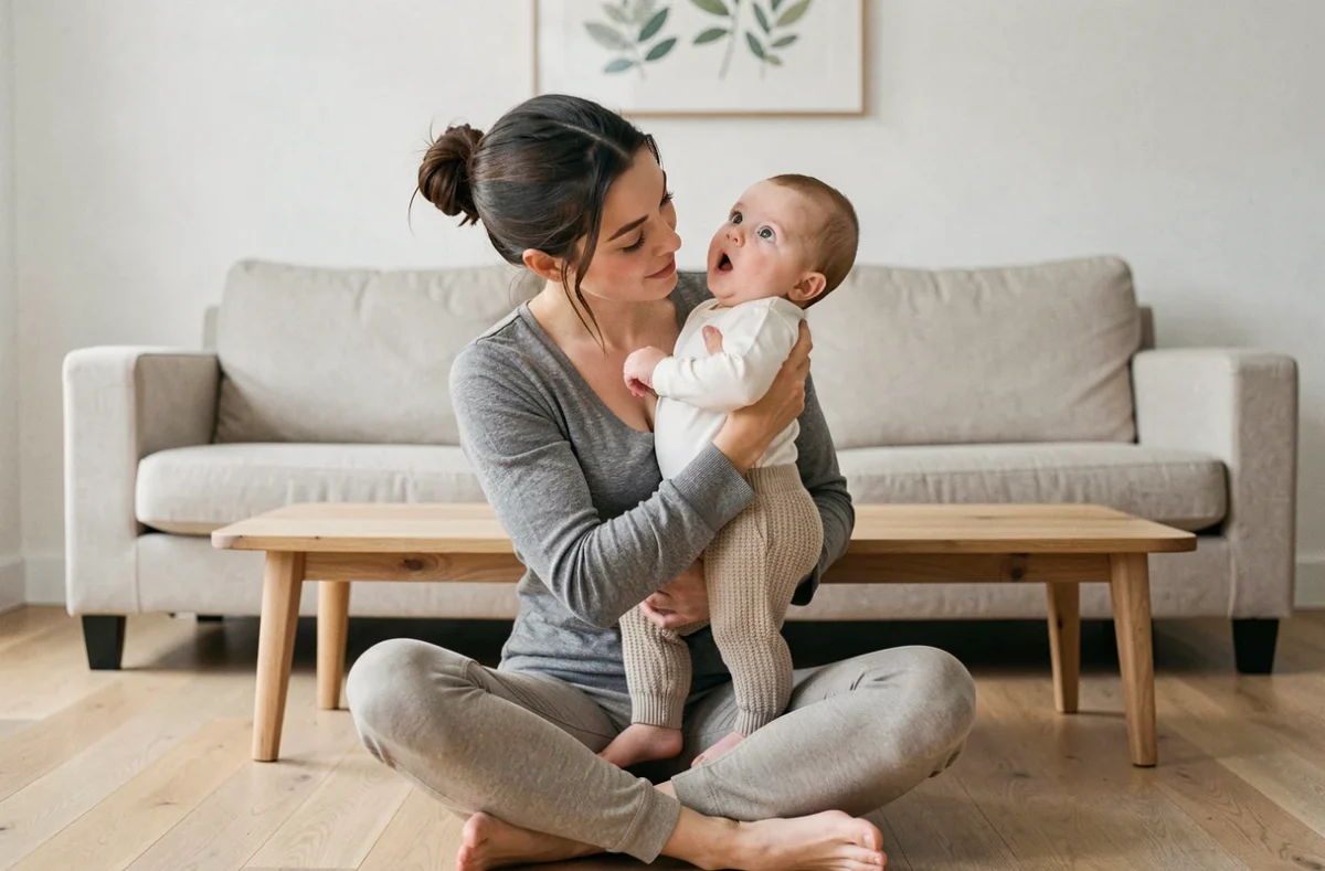 Mère tenant son bébé qui renverse la tête en arrière dans un salon moderne minimaliste