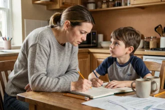 Mère célibataire aidant son jeune fils à faire ses devoirs à la table de cuisine, scène de vie quotidienne chaleureuse et réaliste