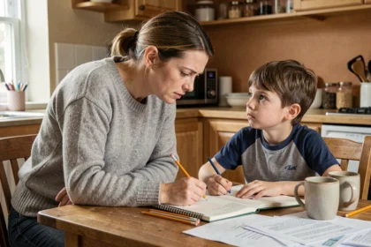 Mère célibataire aidant son jeune fils à faire ses devoirs à la table de cuisine, scène de vie quotidienne chaleureuse et réaliste