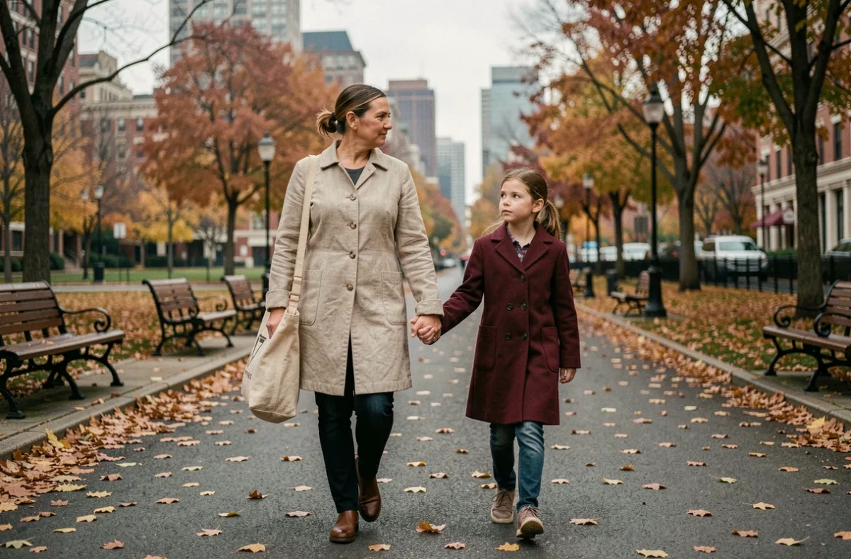 Mère célibataire et sa fille se promenant dans un parc urbain en automne, montrant le lien émotionnel entre parent seul et enfant