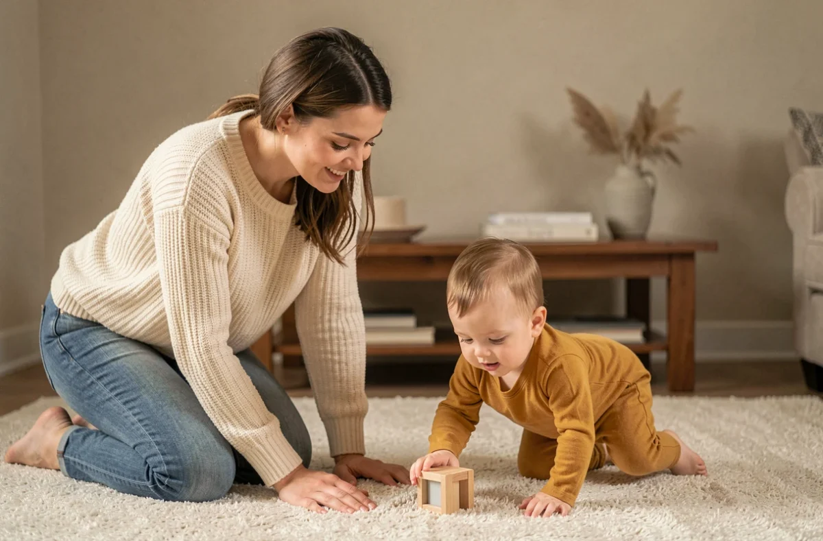 Mère encourageant son bébé à ramper vers un jouet en bois sur un tapis dans un intérieur cosy