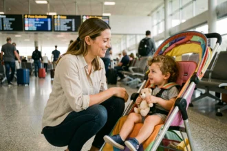 Mère avec un jeune enfant en poussette dans un hall d'aéroport international lors d'un voyage en famille