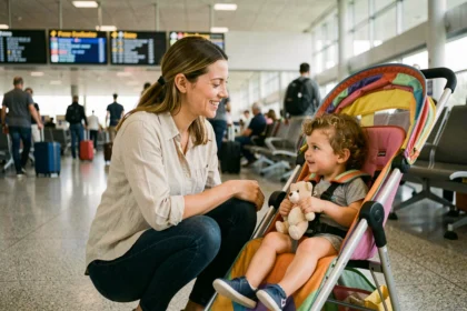 Mère avec un jeune enfant en poussette dans un hall d'aéroport international lors d'un voyage en famille