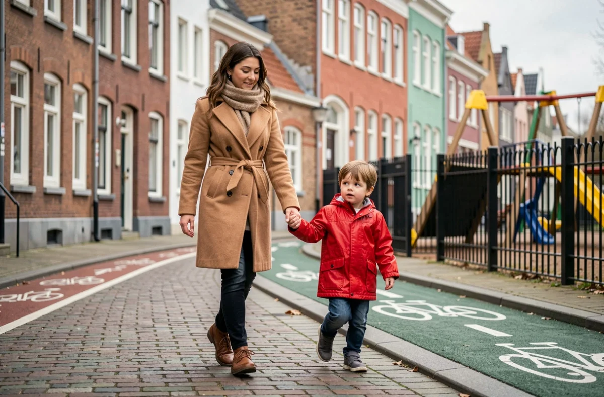 Mère et enfant se promenant dans une rue sécurisée d'une ville européenne, symbole de qualité de vie pour les familles