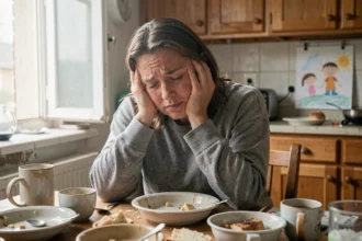 Mère épuisée assise à la table de la cuisine, tête dans les mains, illustrant le burn-out parental
