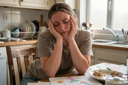 Mère épuisée assise à la table de cuisine, tête dans les mains, illustrant la détresse parentale au quotidien