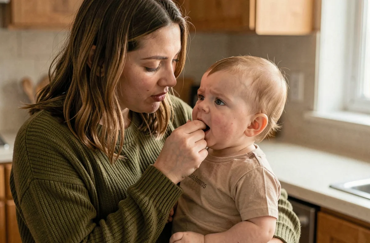 Mère inspectant la bouche de son bébé pour identifier les premières dents qui percent lors d'une poussée dentaire