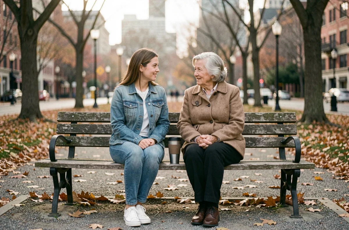 Mère et fille adulte partageant un moment de complicité dans un parc urbain en automne