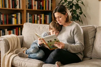 Mère et fille lisant ensemble un livre illustré sur un canapé en lin dans un salon chaleureux entouré de livres