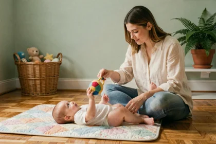 Jeune mère agitant un hochet coloré devant son bébé allongé sur un tapis d'éveil dans une chambre de bébé cosy