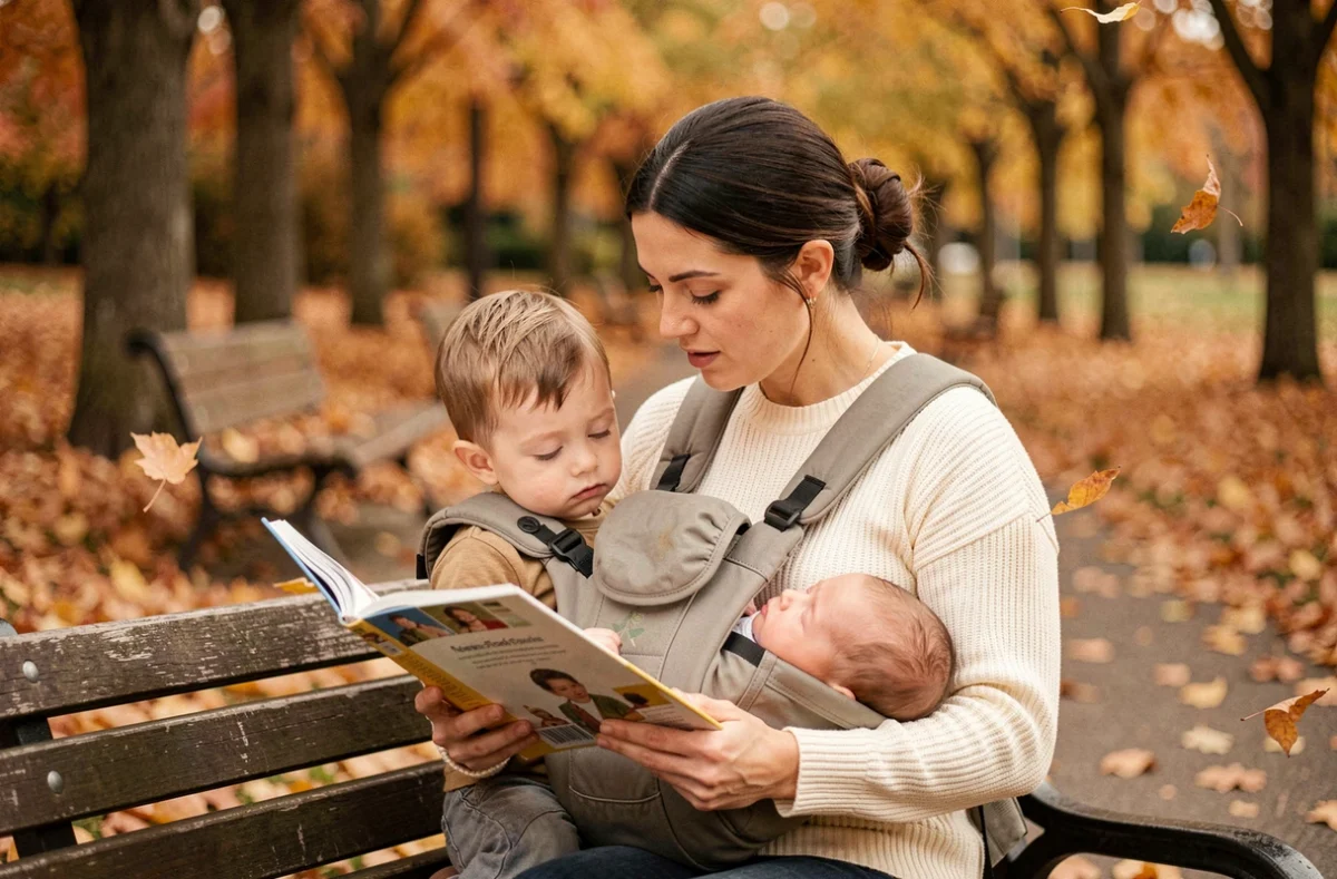 Mère lisant un livre à son petit garçon dans un parc automnal avec un nouveau-né endormi dans un porte-bébé