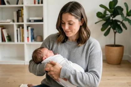 Mère tenant son nouveau-né dans les bras dans un salon minimaliste, illustrant le congé parental en France