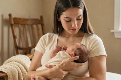Jeune mère tenant son nouveau-né contre elle en peau à peau dans une chambre de bébé cosy