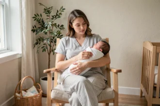 Jeune mère tenant son nouveau-né dans ses bras dans une chambre de bébé moderne et apaisante après le retour de la maternité
