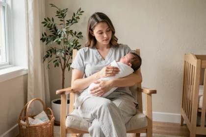 Jeune mère tenant son nouveau-né dans ses bras dans une chambre de bébé moderne et apaisante après le retour de la maternité