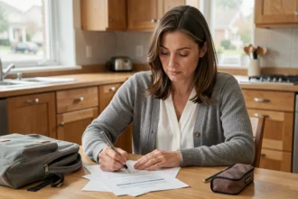 Mère signant un contrat d'assurance scolaire à la table de cuisine avec le cartable de son enfant posé à côté
