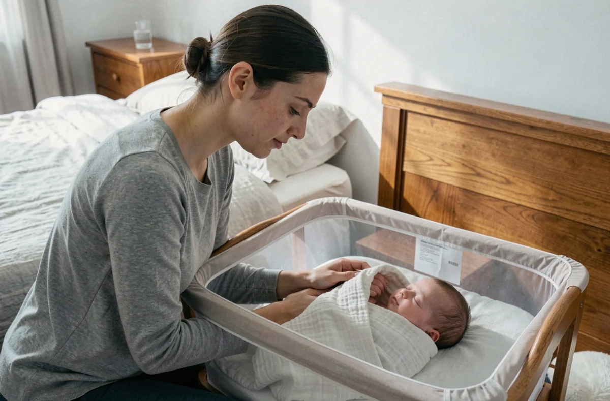 Mère vérifiant son bébé endormi sans gigoteuse dans un couffin de cododo en lin
