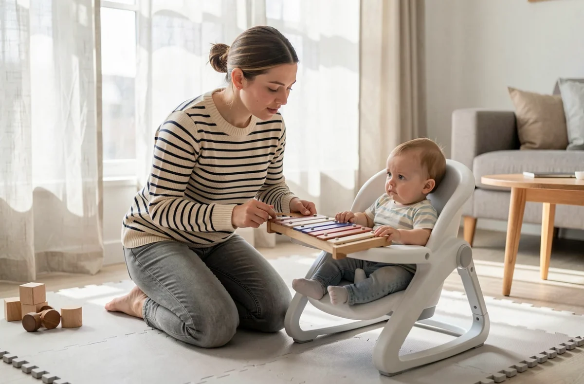 Jeune mère présentant un xylophone en bois à son bébé installé dans un transat dans un salon lumineux scandinave