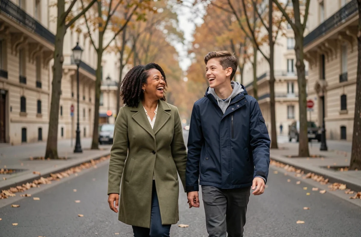 Mère et fils métis marchant et riant ensemble sur un boulevard parisien en automne, image symbolisant la famille de Noémie Lenoir