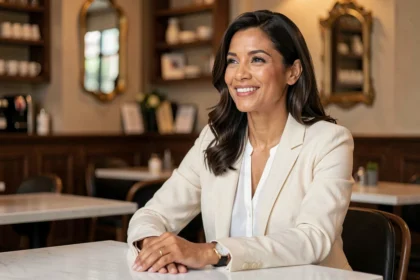 Portrait d'une femme élégante d'origine mixte souriant dans un café parisien, illustrant l'univers de Noémie Lenoir