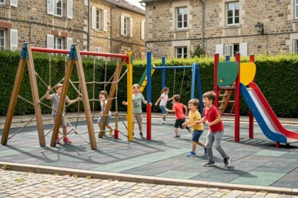 Nouveau terrain de jeux coloré installé dans une place de village français avec des enfants qui jouent sur des structures en bois