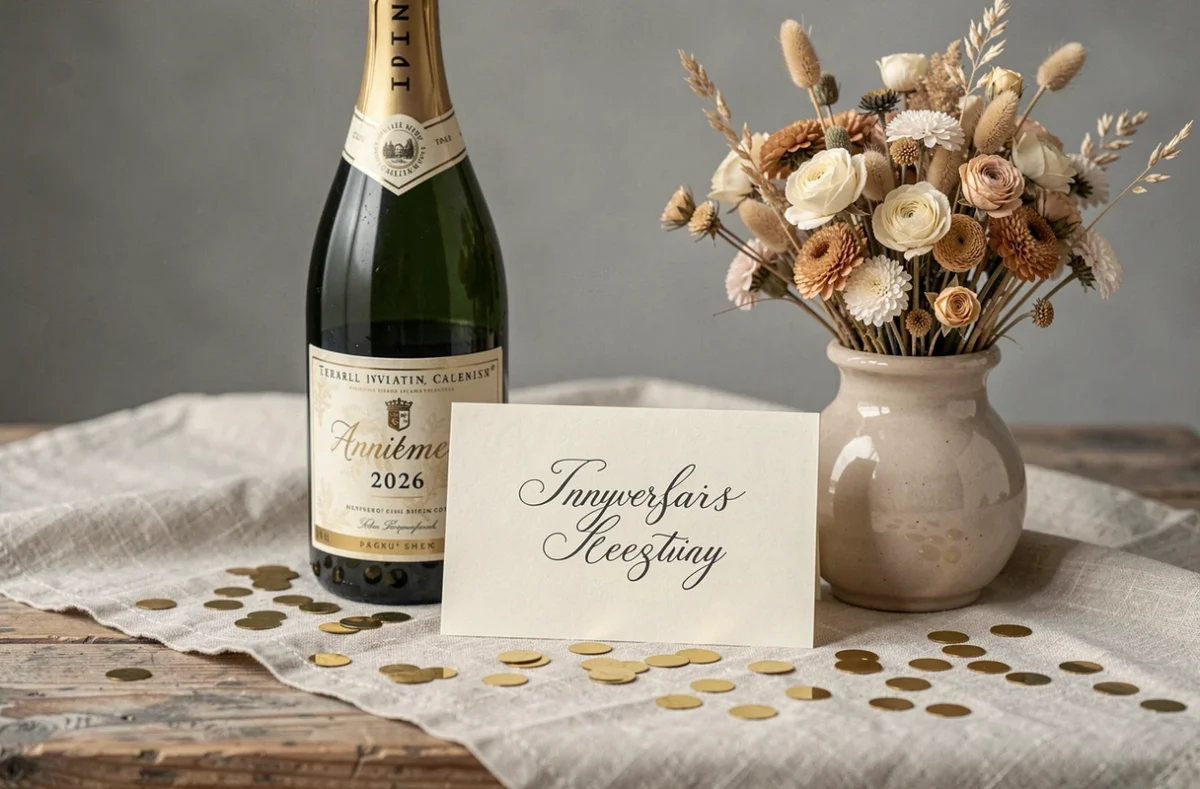 Nature morte élégante d'objets de célébration d'anniversaire 2026 avec bouteille de champagne, invitation manuscrite et confettis dorés